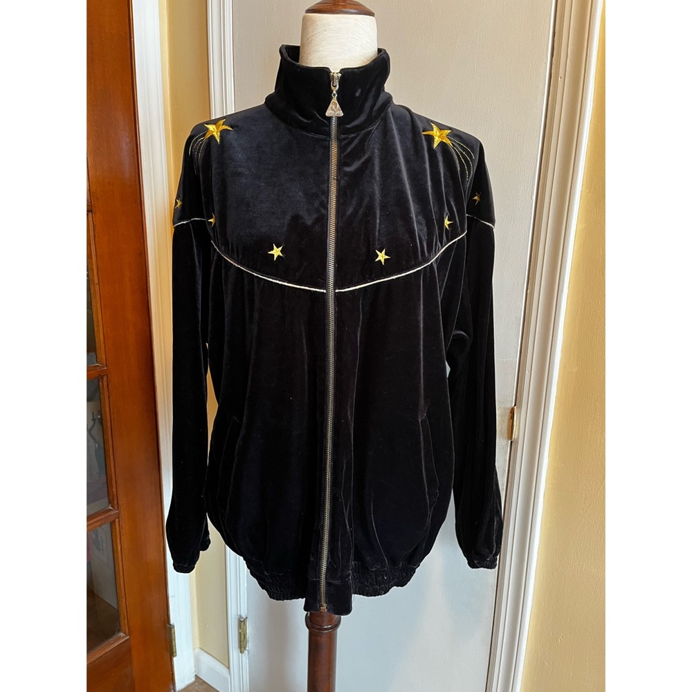 Vintage 90s Euro Joy Celestial Black Velvet Jacket with Gold Star Accents